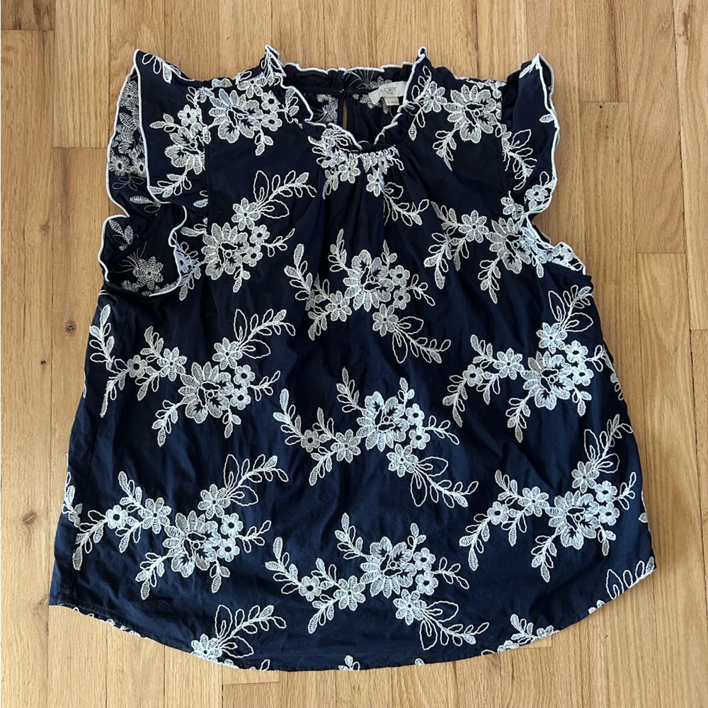 Ann Taylor loft embroidered navy white floral ruffle sleeve blouse top xl